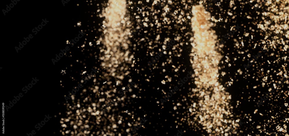 Poster abstract background of golden particles exploding on black. perfect for celebrations, festivals, and