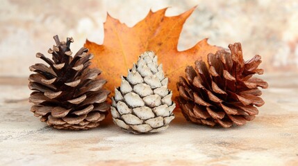 Pinecones and autumn leaves arranged for seasonal decoration