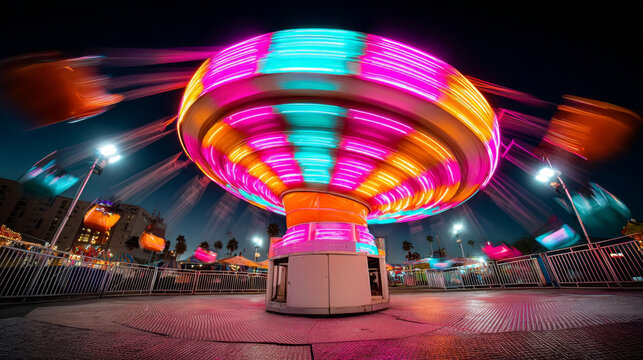 Fisheye capture of glowing neon swing ride in motion at night in amusement park