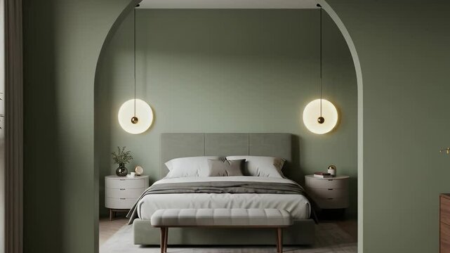 Modern contemporary bedroom interior design with sage green walls and round pendant lights