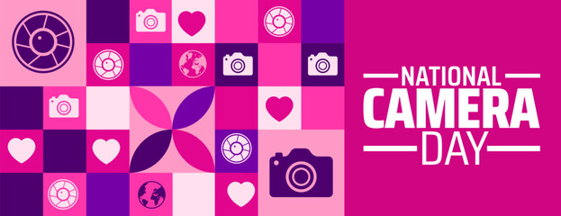 National Camera Day Geometric shape pattern background banner or poster design template. observed every year in June. Holiday concept. Use to any Template, card, poster, placard, template.