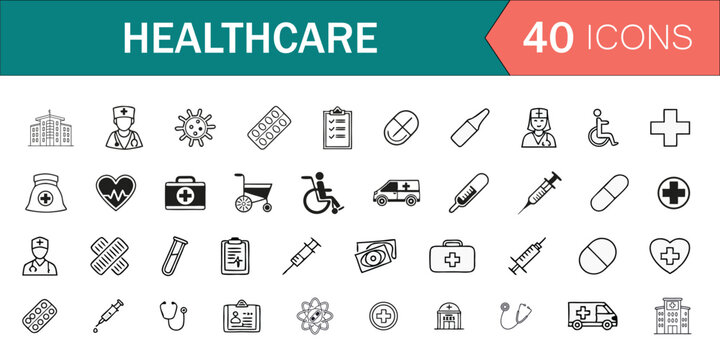 40+ healthcare icons in clean line style including stethoscope, heart rate, syringe, hospital, pill bottle, thermometer, nurse, doctor, first aid kit & ECG monitor. Ideal for medical apps, hospital da
