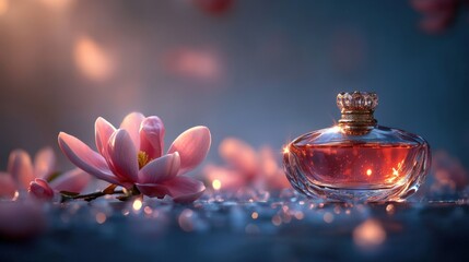 Elegant Perfume Bottle Surrounded by Pink Magnolias and Sparkling Lights for Luxury Lifestyle