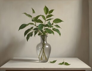 Paint of Elegant Green Foliage Arrangement in a Glass Vase on Minimalist White Table