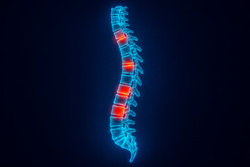 Digital illustration of human spine with highlighted pain areas, concept of backache, spinal cord injury, posture correction, modern medical diagnostics
