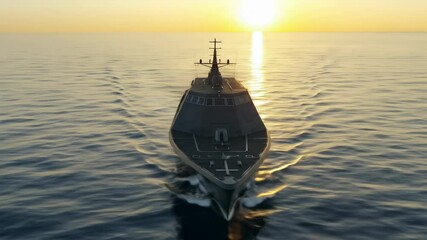 Modern warship sailing across the open ocean during sunset showcasing maritime technology and transportation