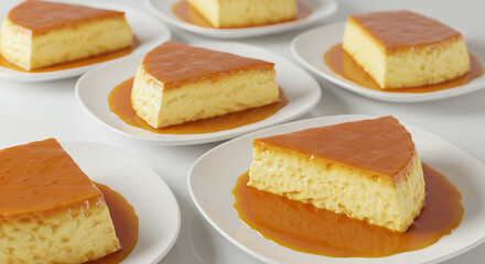 Fatias de pudim de leite condensado com calda dourada servidas em pratos de porcelana elegante