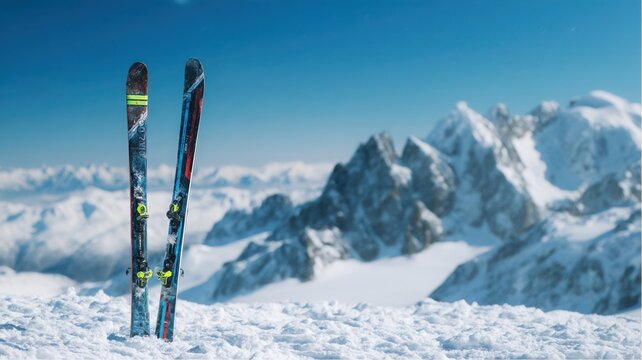 Skis planted in fresh snow on the Italian Alps slope during daytime with clear blue sky