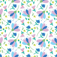 Flowers with a seamless pattern. Naive flowers and leaves, hand-drawn. Vector textile design for summer holidays, wallpaper, background, print.