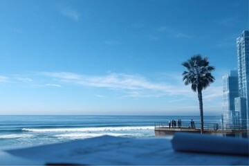 Ocean waves crash at Coronado Beach, San Diego as people gather near the pier with palm tree and buildings