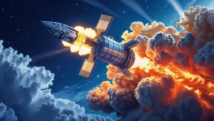 Pixelated Rocket Launching Into A Starry Blue Sky With Explosive Fire And Cloud	
