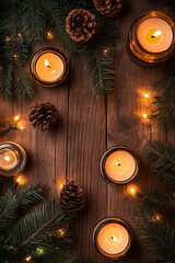 Warm candlelight scene with pine cones and evergreen branches on a textured wooden table for seasonal design


