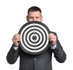 Targeting. Man with dart board on white background