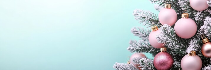 Christmas Tree Decorated with Pink Ornaments and Glitter Sparkly Pine Branches on Pastel Background