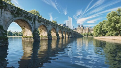 Fototapeta premium Historic Stone Bridge Over Calm River Reflecting City Buildings And Blue Sky On Sunny Day 