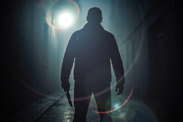 Threatening silhouette holding knife in dark alley, night urban crime scene, concept of fear,...