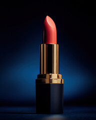 High contrast product photo of lipstick in soft spotlight, showcasing its elegant design and vibrant color. lipstick stands out against dark blue background, creating striking visual appeal