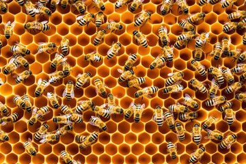 Swarm of bees on honeycomb structure, photorealistic style, bright orange background, concept of teamwork and natural organization, Ai generative