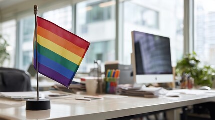 Plakat A vibrant rainbow Pride flag stands proudly on a modern office desk