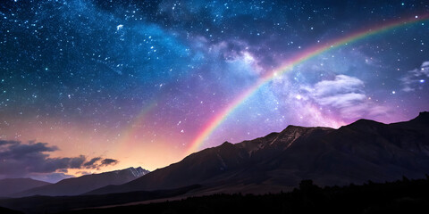 Magical Milky Way Galaxy with Vibrant Rainbow Over Majestic Mountain Landscape at Dusk &ndash; Night Sky Star scape for Wallpapers