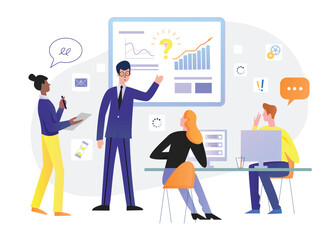 Business people teamwork in office vector illustration. Cartoon flat businessman trainer teacher character training employee students team, working with corporate board presentation isolated on white