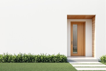 Minimalist house entrance with wooden front door, glass panel, and hedge on white wall background, concept of modern clean exterior design, Ai generative