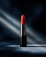 Vibrant red lipstick stands elegantly against dark backdrop, illuminated by soft spotlighting that highlights its glossy finish and sleek packaging, evoking sense of luxury and allure