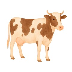 Freehand minimalistic watercolor illustration of a cow isolated on a white background. Hand drawn a child's  watercolour drawing of a cowhide. Farm animal cowlike for design.