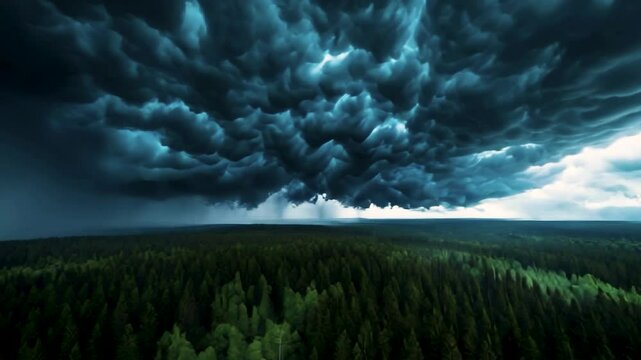 A stormy sky with dark clouds and a large thunderstorm. The sky is filled with dark clouds and the storm is approaching