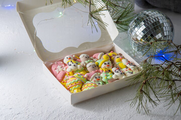 Christmas marshmallows. Winter candy in gift box. Sweet food in december
