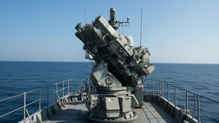 Overhead view of military naval vessel surface to air missile defense system on calm blue ocean waters