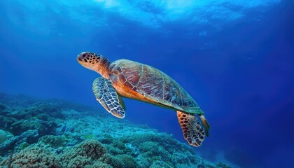Fototapeta premium Sea Turtle swimming in clear blue water