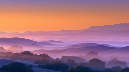 Obraz premium Golden sunrise over layered hills and foggy valleys