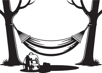 Man Lying in a Hammock. Hammock scene in a forest with backpack and boots.  Silhouette vector.