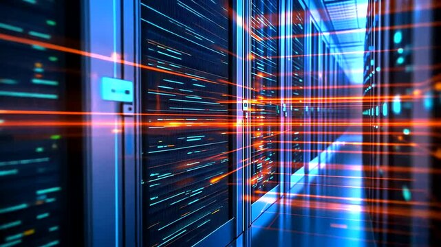 Rows of futuristic blue servers with orange data streams cascading between them, creating a digital landscape of information flow