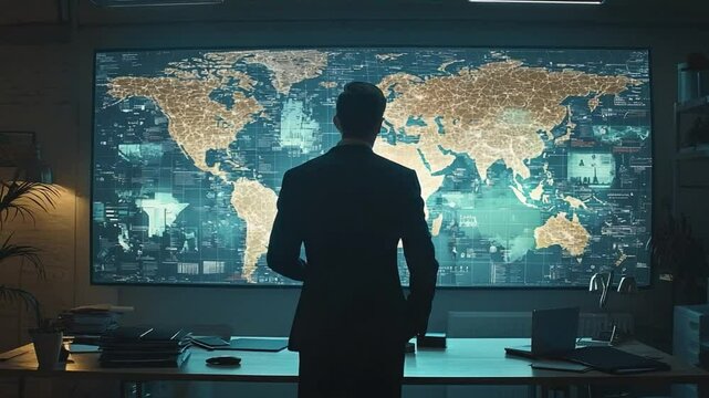 Business professional analyzing global data on digital map in modern office setting with futuristic technology - Powered by Adobe