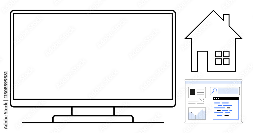 Poster large computer monitor, house outline, and web browser window with analytics and search. ideal for r