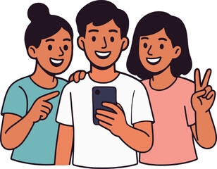 Fototapeta premium Selfie With Friends Vector Illustration on White Background.