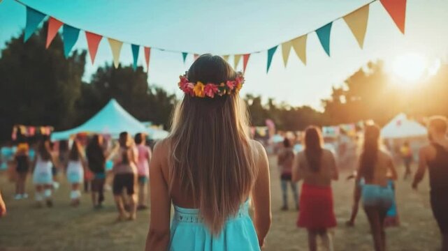 Young Woman Enjoys Outdoor Festival with Colorful Banners and Flower Crown in Summer Sunshine