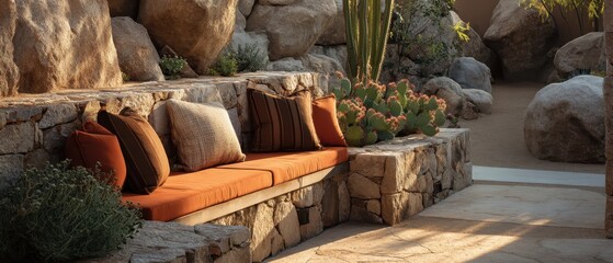 Stone bench with cushions in a desert garden setting.
