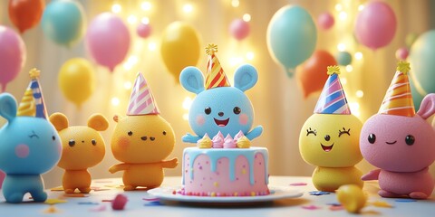 Fototapeta premium Adorable cartoon animals celebrate a birthday with cake and balloons. Perfect for cards, invitations, and children's products.