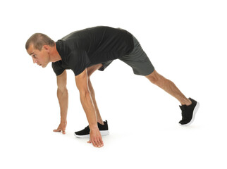 Obraz premium Runner in starting position on white background