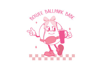 Obraz premium Boujee ballpark babe - cartoon baseball character with drink, Pink Coquette Sublimation Design