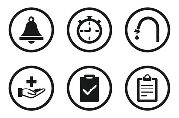 Hygiene and Reminder Icon Set – Handwashing, Bell, Clock, Checklist Vector Symbols