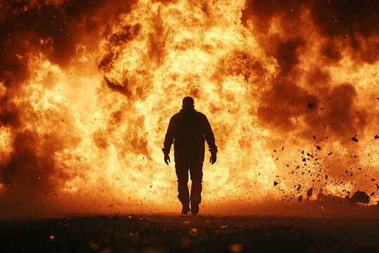 Man walking away from an explosion