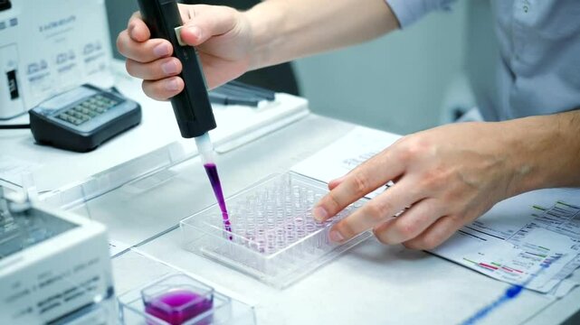 Scientist using a pipette to transfer purple liquid into a microplate in a laboratory setting