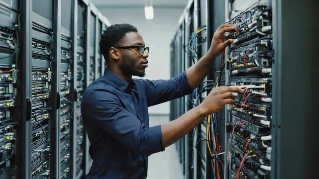 A skilled Black male network engineer in a navy shirt and glasses connects a high-speed Ethernet cable to a switch port, showcasing expertise in a sleek, high-tech data center