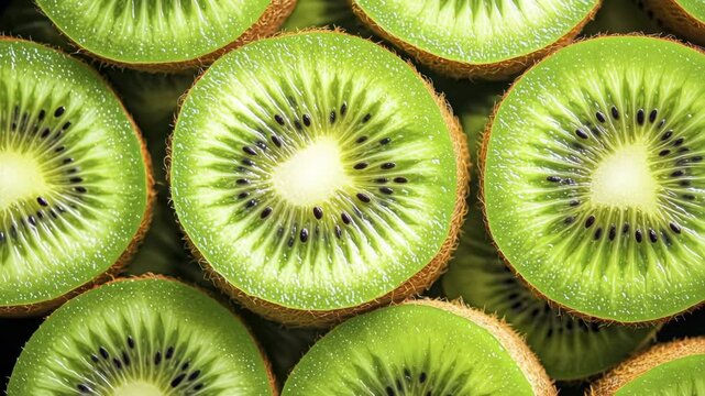 Fresh kiwi slices texture, top view, slow motion