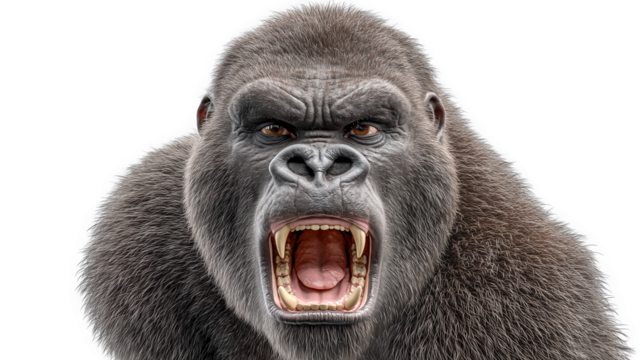 Powerful gorilla roaring fiercely with an intense expression isolated on transparent white