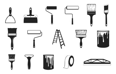 Obraz premium Paint Tools Svg, Wall Painting Tools Svg, Paint Brush Svg, Paint Roller Svg, Painting Tools silhouette, Paint Brush Silhouette. 